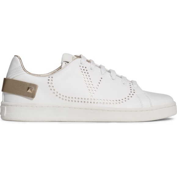NIB $695 Valentino Net Perforated White Court Sneaker w/ Gold Accent- Size 10.5! - Picture 2 of 16